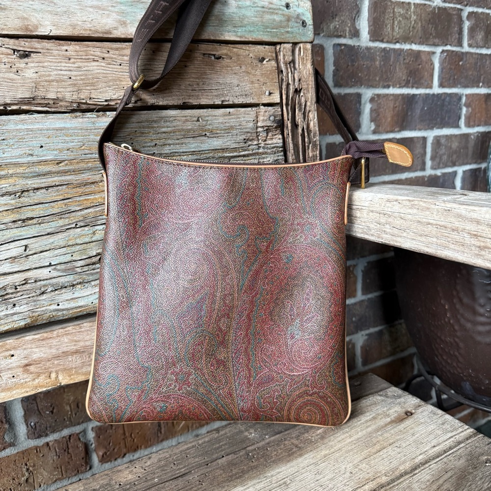Etro Multicolor Paisley Bag Gold Hardware Leather Trim Canvas Strap